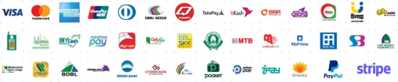 Payment Methods: bKash, Nagad, Rocket, Visa, Mastercard, AMEX